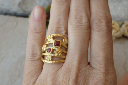 Two Stones Ring. Garnet Ring. Family Ring. Red Stone Ring. Large Ring. Mother Ring. Satement Ring For Women. Stacking Gold Ring. Flower Ring