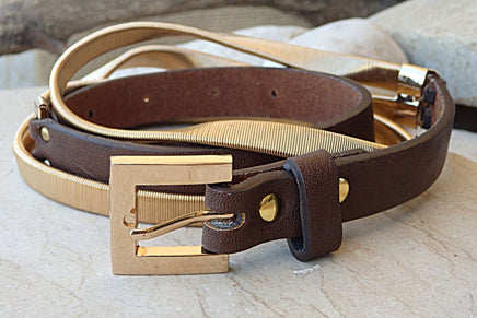 Two Tone Belt. Evening Gold Belt. Gold Metal Belt. Adjustable Brown Belt. Women Leather Belt For Women Thin Belt. Golden Metal Buckle Belt