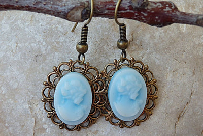 Victorian Cameo Earrings. Antique Style Cameo Earrings. Vintage Style Earrings. Blue Cameo Earrings. Cameo Jewelry. Women Shaped Earrings