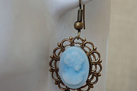 Victorian Cameo Earrings. Antique Style Cameo Earrings. Vintage Style Earrings. Blue Cameo Earrings. Cameo Jewelry. Women Shaped Earrings