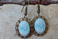 Victorian Cameo Earrings. Antique Style Cameo Earrings. Vintage Style Earrings. Blue Cameo Earrings. Cameo Jewelry. Women Shaped Earrings