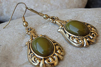 Vintage Style Earrings. Ornament Filigree Brass Earrings. Green Earrings. Antique Style Earrings. Agate Stone Earrings. Bridesmaid Jewelry.