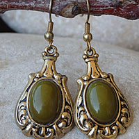 Vintage Style Earrings. Ornament Filigree Brass Earrings. Green Earrings. Antique Style Earrings. Agate Stone Earrings. Bridesmaid Jewelry.