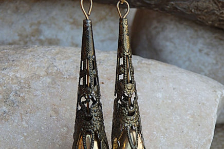 Vintage Style Jewelry. Drop Dangle Earrings. Ornament Filigree Earrings. Unique Antique Style Earrings. Beaded Dangle Earrings. Brass Earr
