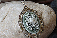 Vintage Style Necklace. Oval Silver Pendant With White Flowers Pendant. Vintage Style Pendant. Ceramic Pendant Necklace. Ornaments Necklace