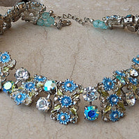Wedding Blue Necklace. Bridal Rhinestone Rebeka Necklace. Soft Blue Necklace. Bridesmaid Jewelry Gift . Flower Diamond Clear Necklace.