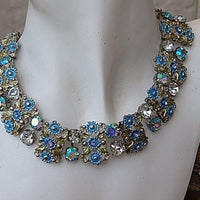 Wedding Blue Necklace. Bridal Rhinestone Rebeka Necklace. Soft Blue Necklace. Bridesmaid Jewelry Gift . Flower Diamond Clear Necklace.