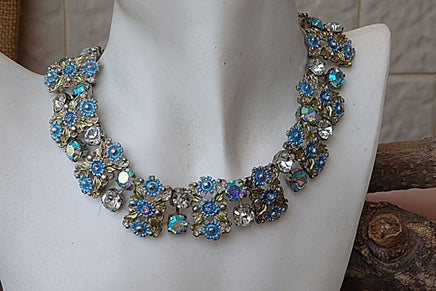 Wedding Blue Necklace. Bridal Rhinestone Rebeka Necklace. Soft Blue Necklace. Bridesmaid Jewelry Gift . Flower Diamond Clear Necklace.