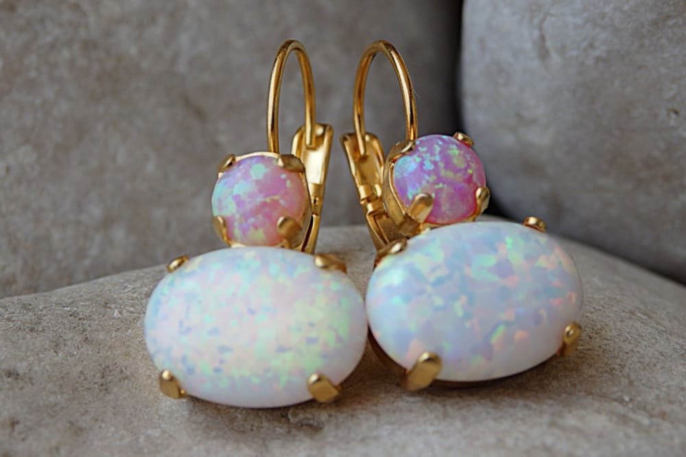Wedding Earrings For Bride . Pink And White Opal Earrings