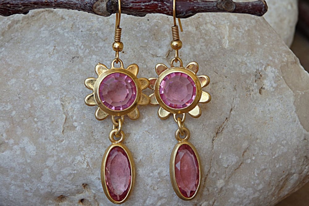 Wedding Pink Rebeka Crystal Earrings. Bridesmaid Gift. Gold Fuchsia Flower Earrings. Teardrop Earrings. Candy Jewelry. For Woman Wife.
