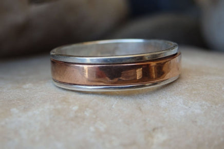 Wedding Spinner Ring. 925 Sterling Silver And Copper Band Spinner Ring. Fidget Ring. Wedding Silver Ring. Silver Mens Womens Band Ring