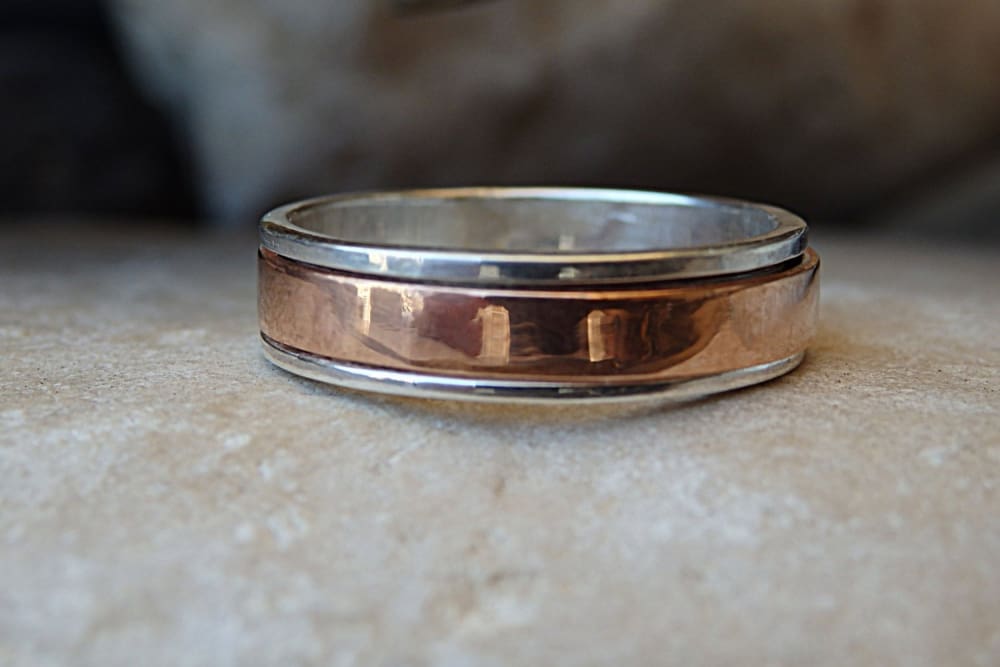 Wedding Spinner Ring. 925 Sterling Silver And Copper Band Spinner Ring. Fidget Ring. Wedding Silver Ring. Silver Mens Womens Band Ring