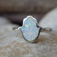 White Fire Opal Hamsa Ring