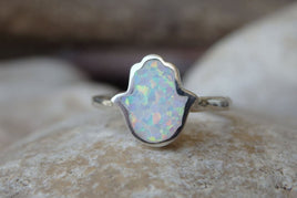 White Fire Opal Hamsa Ring