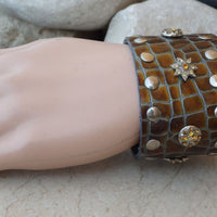 Wide Leather Bracelet With Rebeka. Brown Chunky Leather Cuff Bracelet. Handmade Wide Brown Snakeskin.leather Wristband With Snaps For Her