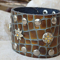 Wide Leather Bracelet With Rebeka. Brown Chunky Leather Cuff Bracelet. Handmade Wide Brown Snakeskin.leather Wristband With Snaps For Her