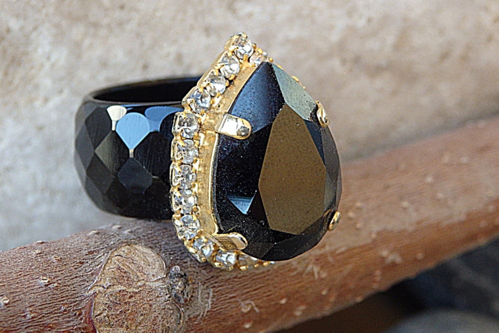 Womens Black Statement Ring With Black Agate Ring With Rebeka Crystals