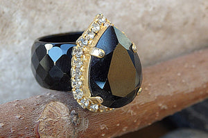Womens Black Statement Ring With Black Agate Ring With Rebeka Crystals