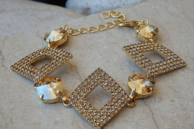 Womens Bracelet. Champagne Rebeka Gemstone Bracelet. Gold Crystal Bracelet. Bridesmaid Jewelry Gift. Square Bracelet. Pave Gold Bangle