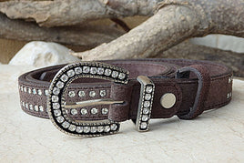 Womens Suede Leather Belt. Brown Leather Belt. Leather Belt. Crystal Leather Belt With Crystals Studs. Rhinestone Belt. Crystal Buckle Belt