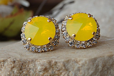 Yellow Earrings. Bridesmaids Yellow Gold Earrings. Neon Earrings. Rebeka Bridal Studs Earrings. Rhinestone Studs. Lemon Earrings. For Her