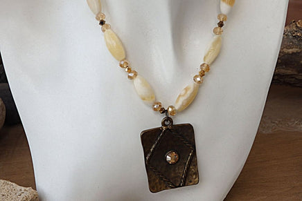 Yellow Jasper Beaded Necklace. Rectangle Pendant